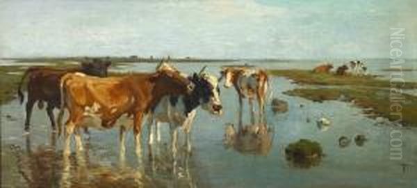 Cows In Shallow Water, Saltholm. Signed Monogram Oil Painting by Theodore Esbern Philipsen