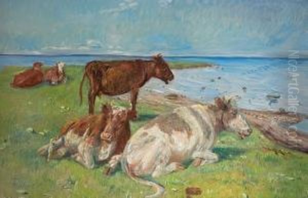 Cows. Salthol Strand 1913. Signed Monogram 1913 Oil Painting by Theodore Esbern Philipsen