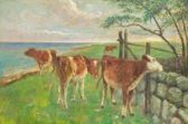 Cows On Saltholmen. Signed Monogram 1910 Oil Painting by Theodore Esbern Philipsen