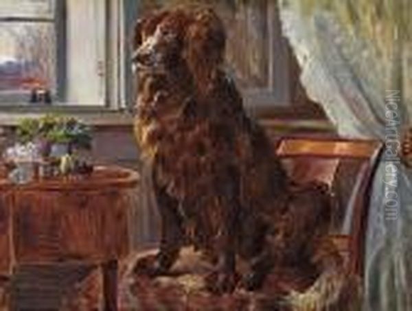 Interior With A Dog. Signed Monogram Oil Painting by Theodore Esbern Philipsen