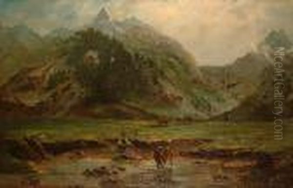 Cattle In An Alpine Water Meadow. Oil Painting by Theodore Esbern Philipsen