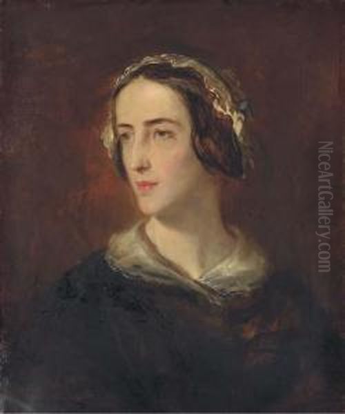 Portrait Of The Artist's Wife, In A Black Dress With A White Collar, Half-length Oil Painting by John Phillip