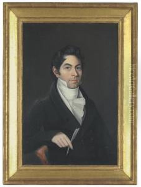 Portrait Of A Man In A Black Coat Holding A Quill Oil Painting by Ammi Phillips