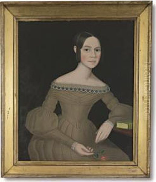 Portrait Of A Dark-haired Young Woman Wearing Light-brown Dress Holding A Spray Of Pinks Oil Painting by Ammi Phillips