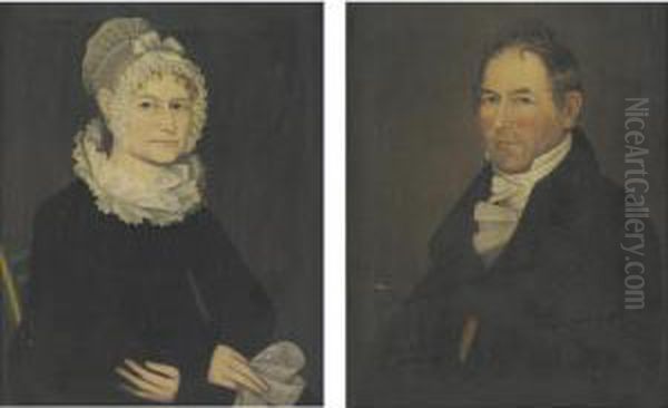 Lady In An Eyelet Lace Cap And 
Eyelet Handkerchief, Gentleman In Frilled White Stock: A Pair Of 
Portraits Oil Painting by Ammi Phillips