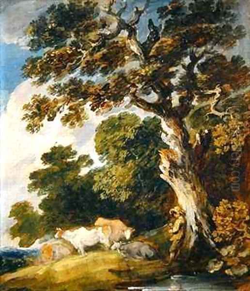 A wooded landscape with cattle and herdsmen Oil Painting by Gainsborough Dupont