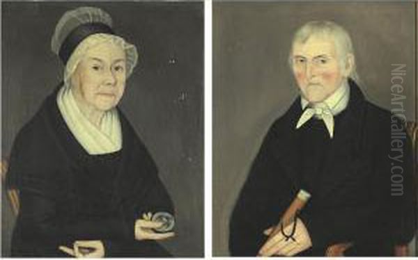 A Pair Of Portraits: Lady With Eagle Snuff Box And Gentleman With Walking Stick Oil Painting by Ammi Phillips