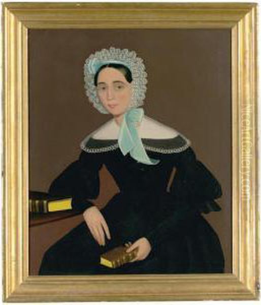 Portrait Of A Young Woman In A White Eyelet Bonnet Oil Painting by Ammi Phillips