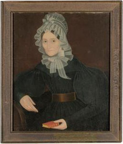 A Portrait Of A Lady Wearing An 
Elaborate Lace Bonnet And Matching Collar, And Holding A Red Bible Oil Painting by Ammi Phillips