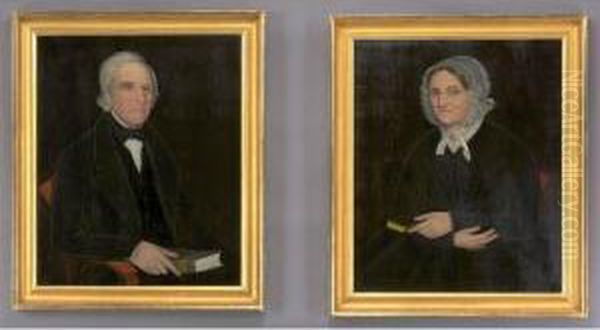 A Grey-haired Gentleman And A Lady, Each Holding A Bible: A Pair Of Portraits Oil Painting by Ammi Phillips