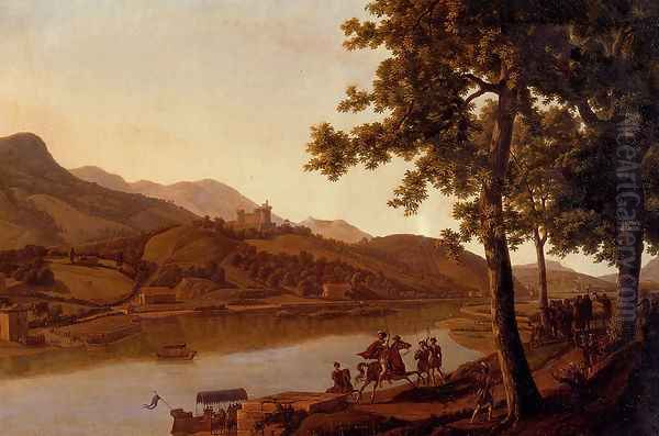 Nobles Disembarking Along The Banks Of A River Oil Painting by Alexandre-Louis-Robert-Millin Duperreux