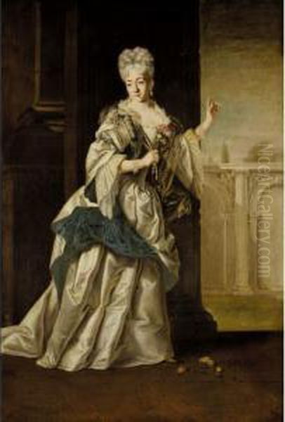 A Portrait Of A Noblewoman, Full
 Length, Standing In A Classical Palace And Wearing A White Satin Dress 
And Pearl Neclace Oil Painting by Dalle, Il Mulinaretto Giovanni Maria Piane