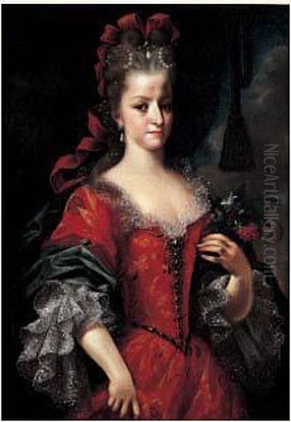 Portrait De Jeune Femme A La Robe Rouge Oil Painting by Dalle, Il Mulinaretto Giovanni Maria Piane