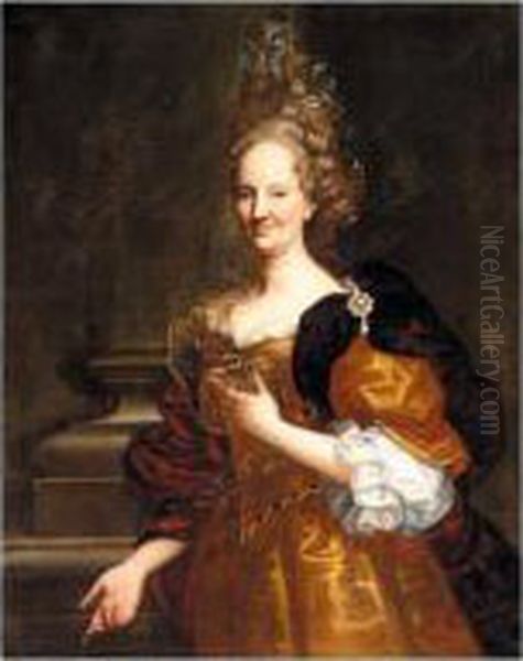 Portrait Of A Lady, Three-quarter Length, Wearing A Gold Dress, Standing Before A Column Oil Painting by Dalle, Il Mulinaretto Giovanni Maria Piane