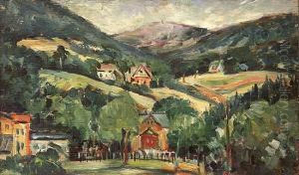 Pejzaz Z Zabudowaniami Oil Painting by Henryk Piatkowski