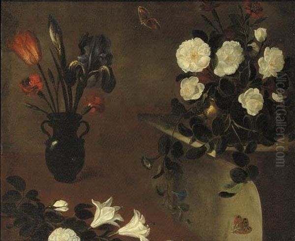 An Iris, A Tulip And Carnations 
In A Vase With Roses In A Copper Bowl On A Pedestal Nearby - A Fragment Oil Painting by Bernard Picart