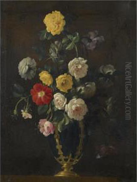 A Still Life With Roses And Various Other Flowers In A Vase Oil Painting by Jean Picart