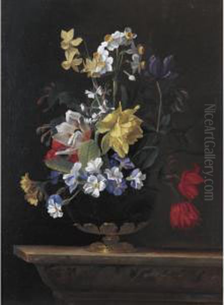 A Still Life Of Flowers In A Ormulu Mounted Lapis Lazuli Vase On A Stone Ledge Oil Painting by Jean Picart