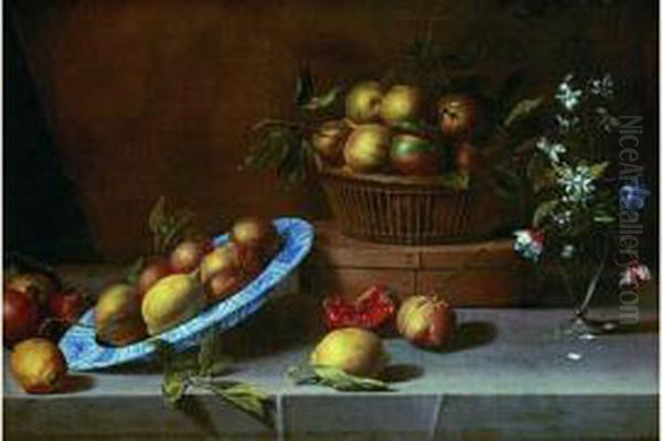 Nature Morte Aux Plat De 
Citrons, Panier De Bigarades Et Vase De Fleurs Sur Un Entablement Oil Painting by Jean Picart