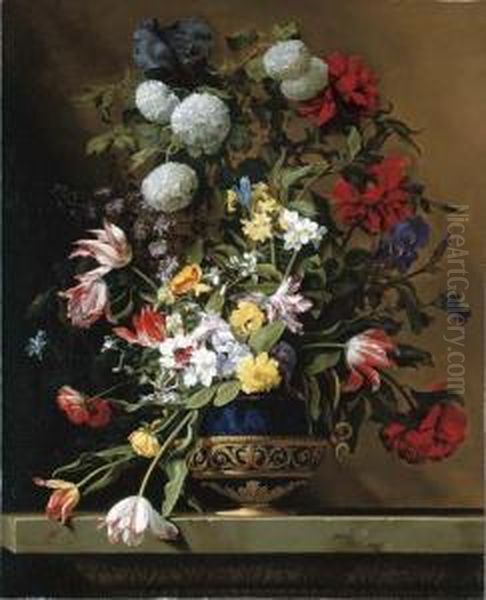 Chrysanthemums, Tulips, Irises, 
Peonies And Other Flowers In Alapis Vase With Gilt Ormolu On A Sculpted 
Stone Ledge Oil Painting by Jean Picart