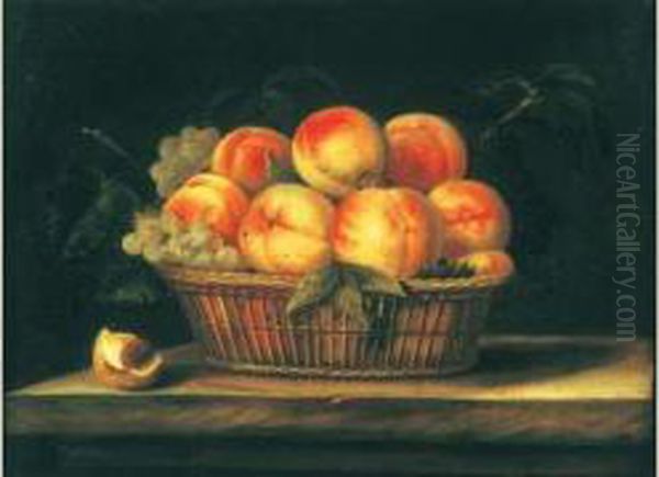 Panier De Peches Et De Raisins, Sur Un Entablement Oil Painting by Jean Picart