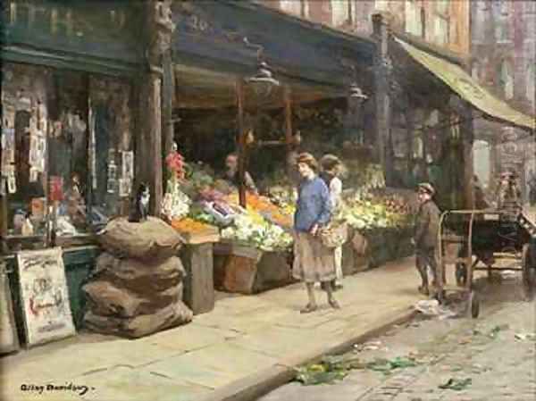 A London Street Market Oil Painting by Allan Douglas Davidson