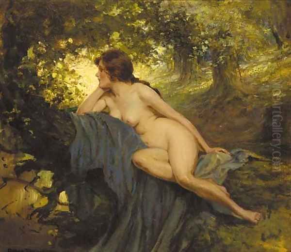 A reclining female nude in a sunlit glade Oil Painting by Allan Douglas Davidson