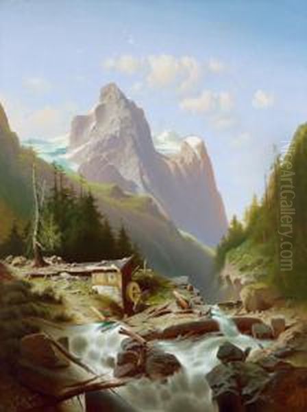 Gebirgslandschaft Mit Reisendemwildbach Oil Painting by Anton Pick