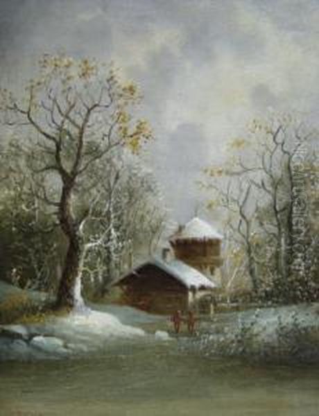 Figures Bya Frozen Pond With A Mill And Woodland Oil Painting by Anton Pick