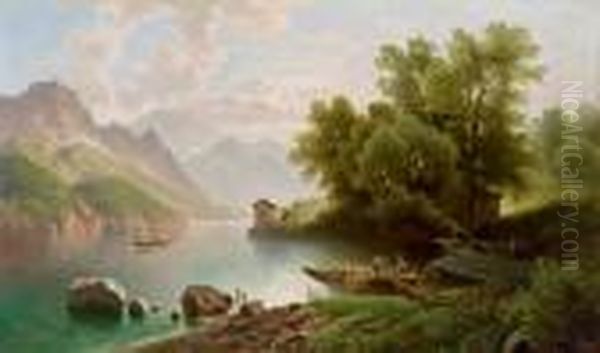 Blick Auf Den Genfersee Laut Ruckseitig Alter Bezeichnung Oil Painting by Anton Pick