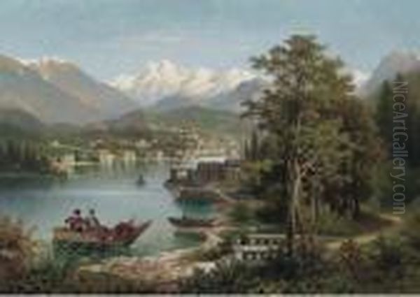 Figures Boating In An Austrian Lake Landscape Oil Painting by Anton Pick