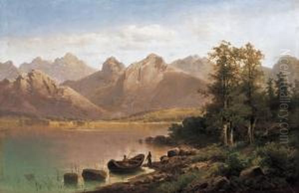 Landscape In The Alps With Lakelet Oil Painting by Anton Pick