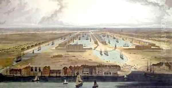 Elevated View of the New Dock and Warehouses Oil Painting by Thomas & William Daniell