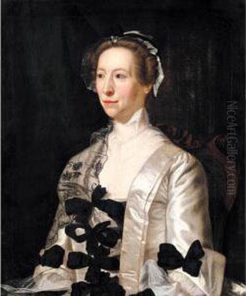 Portrait Of A Lady, Half Length, Wearing A White Satin Dress With Black Bows Oil Painting by Henry Pickering