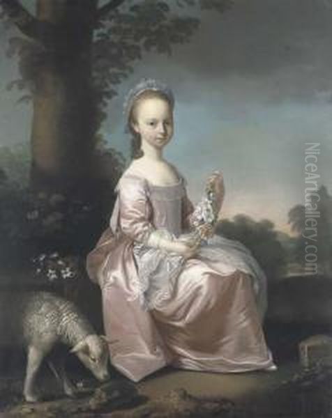 Portrait Of Margaret Smith, Of 
Cotescue, Full-length, Seated, In Apink Dress With White Lace Apron, 
Holding A Garland Of Flowers, Ina Landscape With A Sheep Oil Painting by Henry Pickering