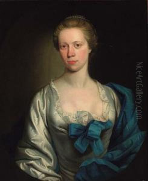 Portrait Of A Lady, Half-length,
 In A White Dress Trimmed Withlace, With A Blue Shawl, Feigned Oval Oil Painting by Henry Pickering