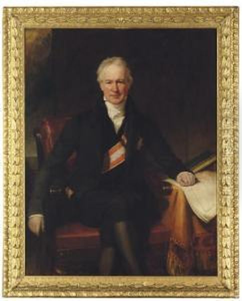 Baron Alexander Von Humboldt, 
Seated Three-quarter Length, Wearing The Star And The Broad Band Of The 
Order Of The Red Eagle, One Hand Resting On A Map On A Draped Table Oil Painting by Henry William Pickersgill