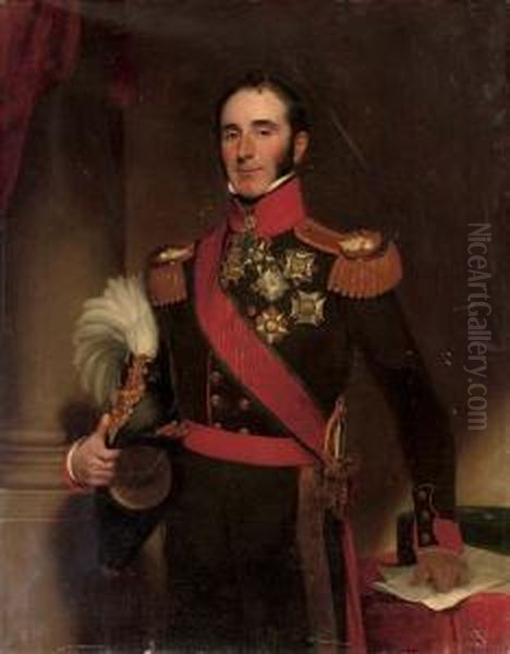 Portrait Of Sir John Conroy, 1st
 Bt. (1786-1854), Three-quarter-length, In The Uniform Of The Royal 
Artillery, Holding A Plumed Helmet In His Right Hand, By A Pillar Oil Painting by Henry William Pickersgill