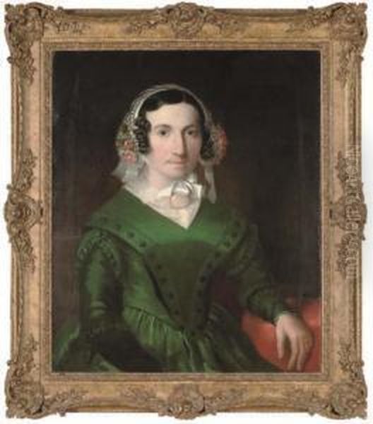 Portrait Of Jane Turner Nee 
Stubbins, Half-length, In A Green Dress, And Lace Bonnet With Flowers Oil Painting by Henry William Pickersgill