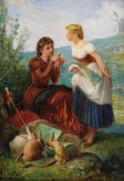 Confidences Champetre Entre Amies (secrets Between Friends In The Countryside) Oil Painting by Henri Pierre Picou