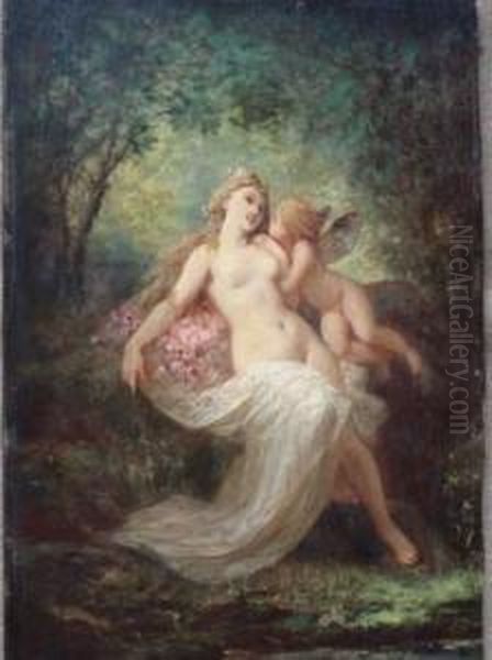 Jeune Femme Et Amour. Oil Painting by Henri Pierre Picou