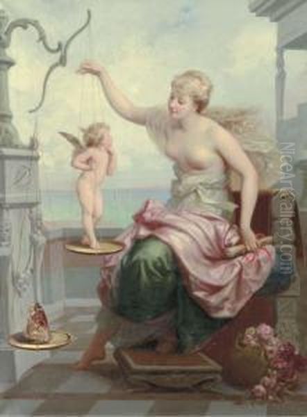 Weighing Cupid Against A Butterfly Oil Painting by Henri Pierre Picou