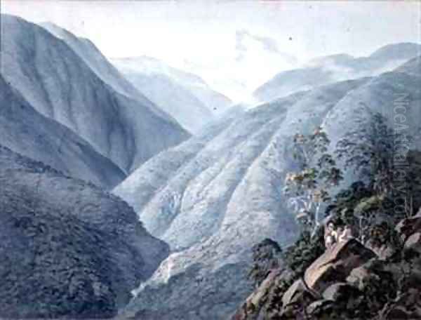 View from Murichon looking northwards up the channel of the Teenchoo on the road to Tacissudon Bhut Oil Painting by Thomas & William Daniell