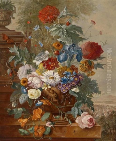 Flowers In A Stone Vase Oil Painting by Frans Xaver Pieler