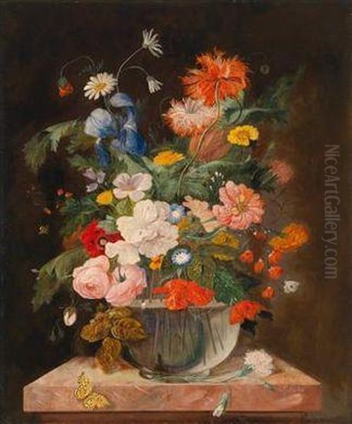 Blumenstuck In Vase Mit Schmetterling Oil Painting by Frans Xaver Pieler