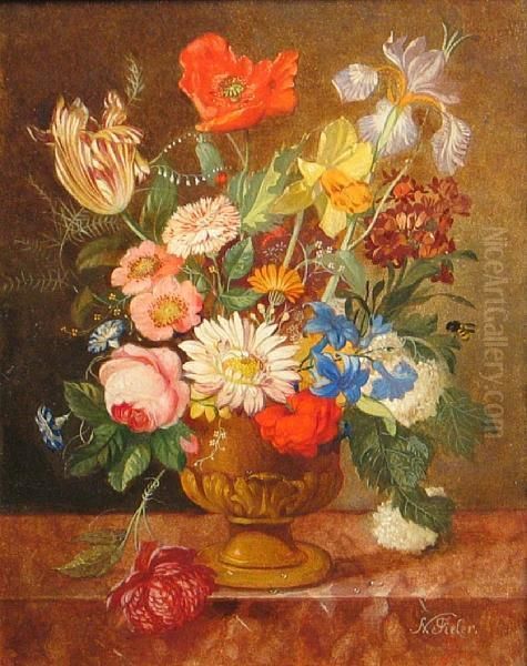 A Still Life With Flowers In An Urn Oil Painting by Frans Xaver Pieler