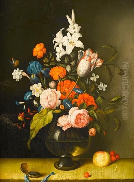 Roses, Lilies, Tulips, An Iris And Other Flowers In A Glass Vase Oil Painting by Frans Xaver Pieler