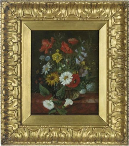 Summer Flowers In A Glass Vase On A Marble Ledge Oil Painting by Frans Xaver Pieler