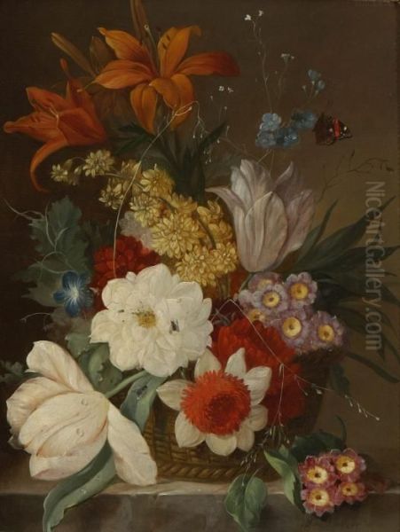 Blumenstillleben Mit Schmetterling. Oil Painting by Frans Xaver Pieler