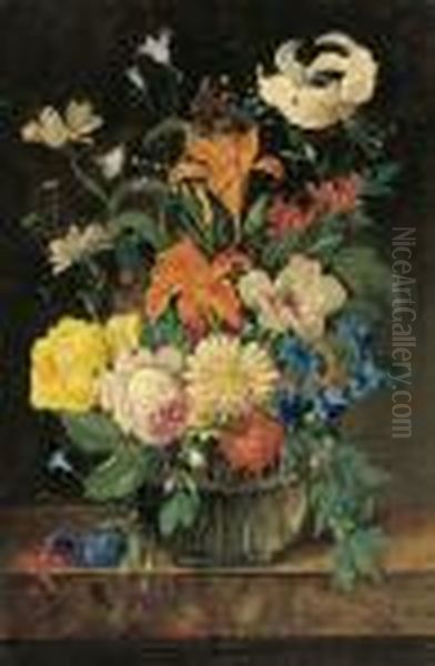 Summer Flowers In A Glass Vase Oil Painting by Frans Xaver Pieler